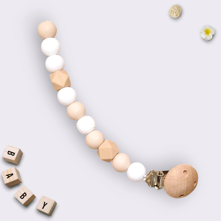 Attache tétine perles de silicone blanche et beige