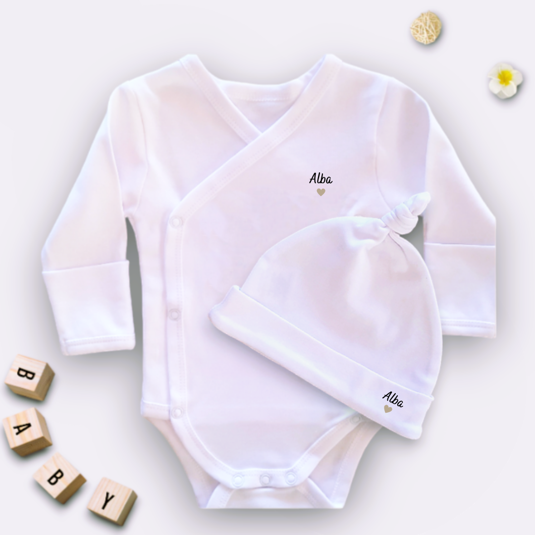 Ensemble de naissance body et bonnet blanc coton bio personnalisable