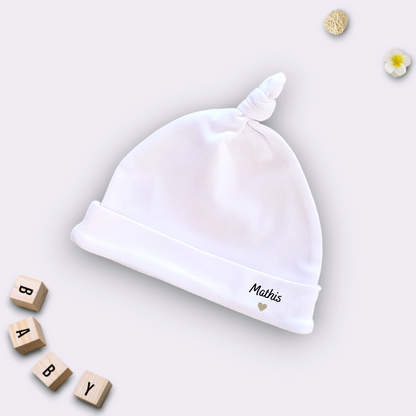 Bonnet de naissance blanc coton bio personnalisable