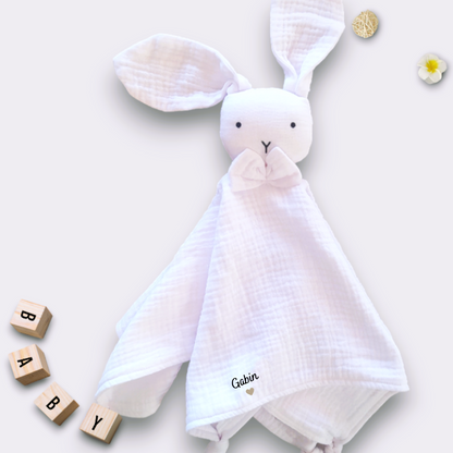 Doudou bébé lapin lange coton blanc personnalisable